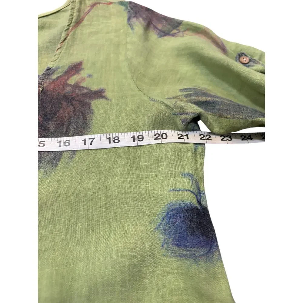 Green 100% Italian Linen Watercolor Floral Lagenlook Hobo Grunch Dress 0S Bubble